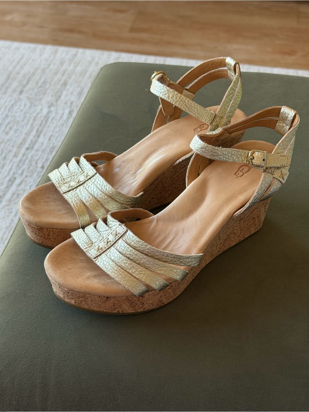 UGG Metallic Gold Cork Wedge Sandals
